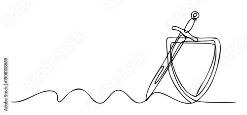 Continuous line drawing depicting a powerful sword and a protective shield, symbolizing strength and defense, suitable for historical, security, or heroic themed visual projects