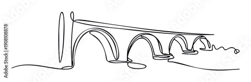 Simple continuous contour line rendering of an ancient stone arch bridge or aqueduct structure, providing a sophisticated look for engineering, infrastructure, and historical landmark