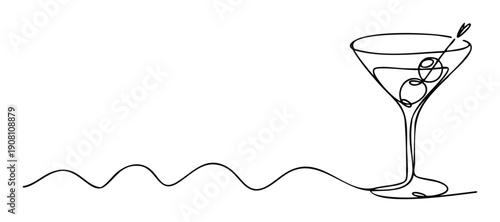 Elegant continuous line drawing of a classic martini cocktail glass with an olive pick, perfect for sophisticated beverage menus, event invitations, or upscale branding materials.