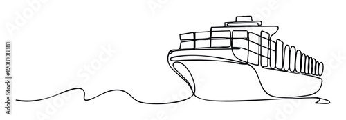 Minimalist continuous line drawing of a large cargo container ship sailing across the ocean, ideal for global shipping company marketing and logistics business presentations