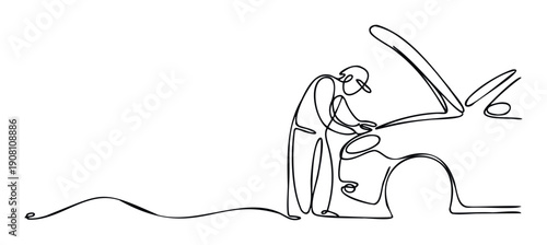 A continuous one line drawing capturing a skilled mechanic diligently inspecting a car engine with the hood open, perfect for automotive service advertisements or repair shop promotions