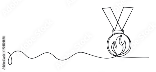 Continuous line drawing of an award medal featuring a flame symbol connected to a flowing wavy path, perfect for motivational sports marketing and successthemed branding applications.