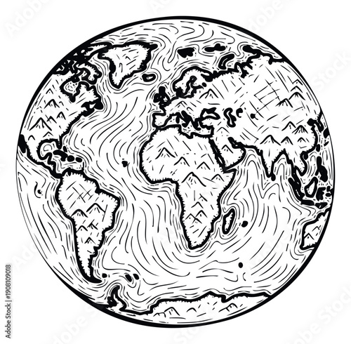 Monochrome globe illustration showcasing continents and oceans with decorative line work, perfect for projects related to global connectivity, environmental conservation, and educational