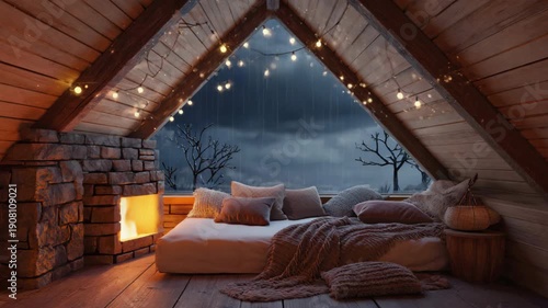 Cozy attic retreat with fireplace during rainy night.