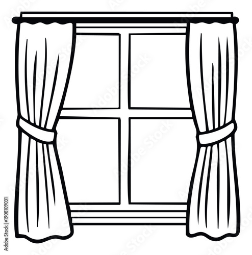 Simple line drawing of a classic window frame with four clear panes and elegant curtains tied back on either side perfect for home decor projects architectural plans or graphic assets