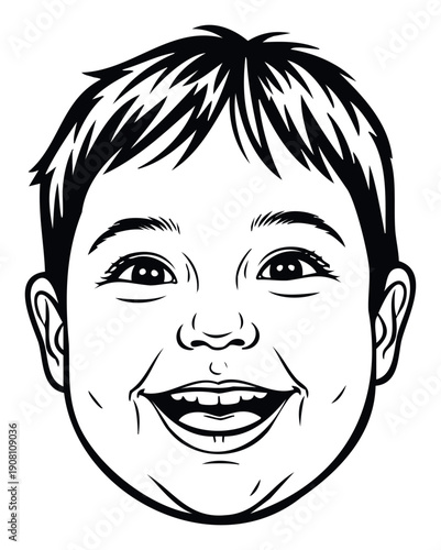 Joyful Asian childs face with a wide happy smile captured in a bold black and white outline style for early childhood education materials pediatric clinic branding or childrens book