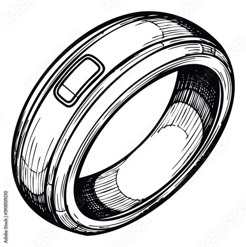 Stylish wearable technology ring with an integrated sensor or button, ideal for showcasing contemporary gadgets, personal accessory catalogs, and futuristic lifestyle applications.