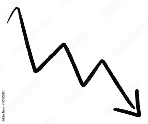 Hand drawn zigzag arrow indicating a downward trend in stock market charts or business graphs for financial analysis and economic reporting