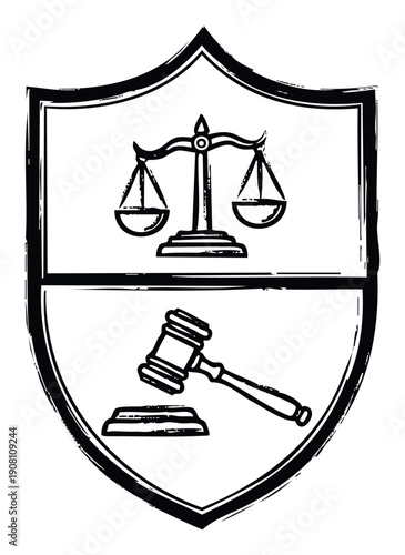 Grungy black and white emblem featuring scales of justice and a judicial gavel within a shield design for legal profession branding or courtrelated publications