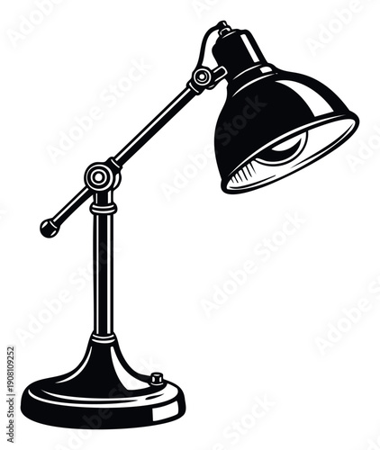 A stylized black and white graphic depicting a classic adjustable desk lamp with an iconic domed shade and sturdy base, useful for various print designs, informational layouts, or