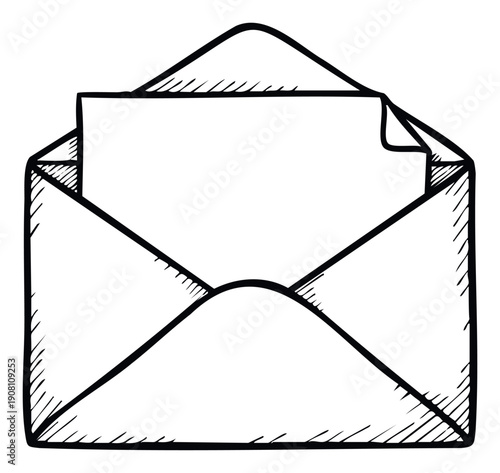 An open black outline envelope revealing a blank white letter for conveying messages, invitations, or important information, suitable for communicationrelated graphic projects and digital