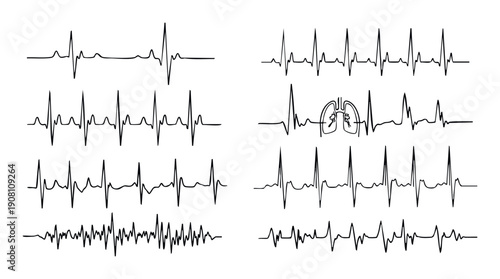 Electrocardiogram rhythm lines and heart rate pulse waves, including lung iconography, perfect for medical research, health technology, and science education applications