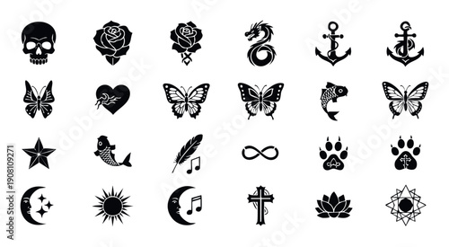 Black silhouette symbols collection featuring mystic, nature, animal, spiritual, and celestial themes, perfect for tattoo designs, apparel, branding, and graphic resource applications.