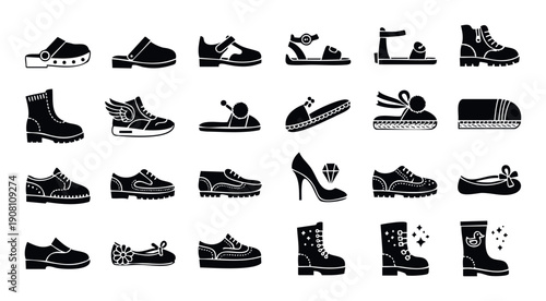 Comprehensive collection of diverse footwear icons including boots, sandals, loafers, and high heels for various ages and styles, perfect for ecommerce, catalogs, or app development.
