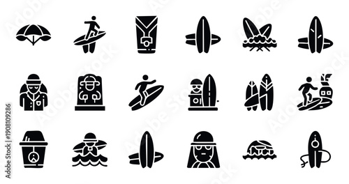 Comprehensive collection of surfing and beach lifestyle icons perfect for vacation planning, water sports promotions, and summer holiday marketing materials