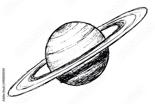 Grungy black and white drawing of the ringed planet Saturn, useful for science books, space exploration topics, or a striking graphic in celestialthemed presentations.