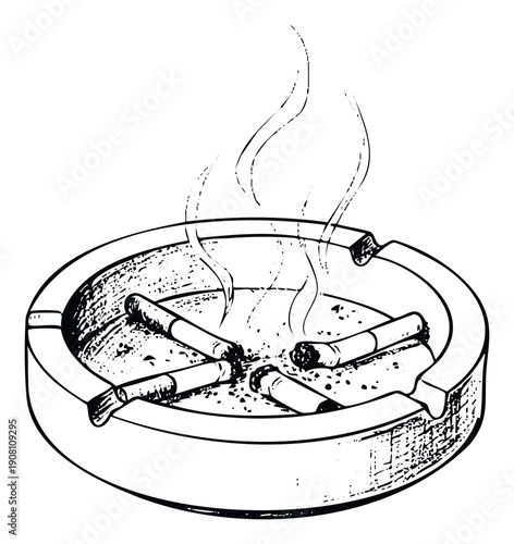 Vector outline drawing of a circular ashtray holding multiple used cigarette butts and rising smoke, suitable for health education materials or graphic presentations.