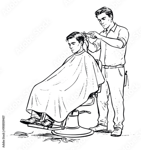 A skilled barber precisely trims a male clients hair in a professional barbershop setting, perfect for depicting grooming services and traditional hair care practices