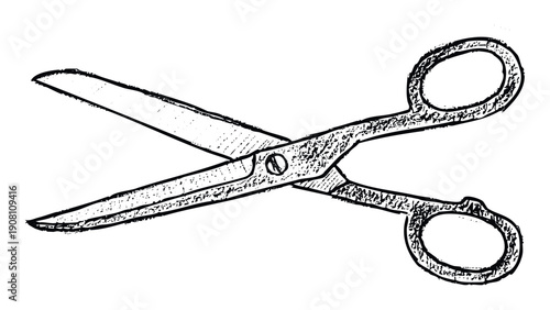 Essential hand drawn open scissors tool graphic for various cutting tasks crafting sewing and office projects needing a classic vintage design element for print or digital media