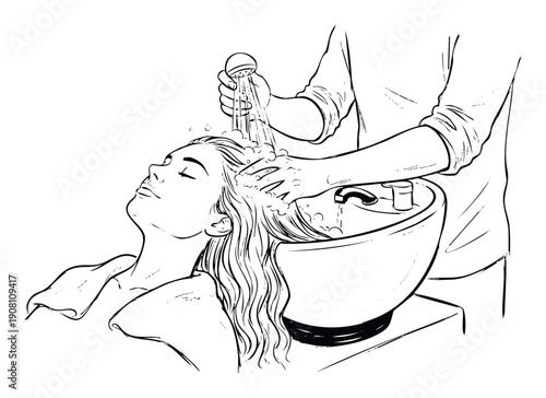 A young woman enjoys a relaxing professional hair wash and invigorating scalp massage from a stylist at a modern hair salon, ideal for promoting beauty services and personal care.