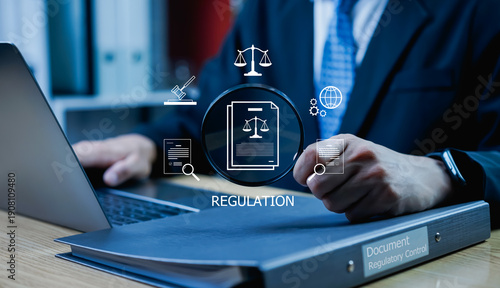 Business compliance and legal requirements concept with digital document verification, risk management, regulatory control, organizational standards, and cybersecurity processes.