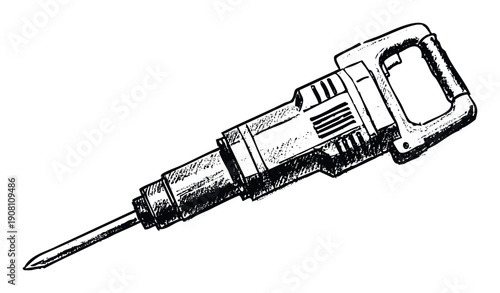 A powerful jackhammer for heavy construction and demolition work is depicted in a detailed black and white sketch, perfect for industrial publications and construction project visuals.
