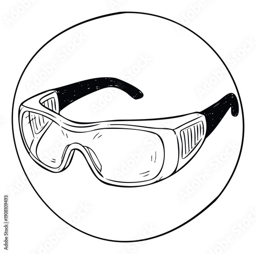 Hand drawn safety glasses or protective goggles for eye protection, suitable for educational materials, health and safety guides, or industrial workplace signage