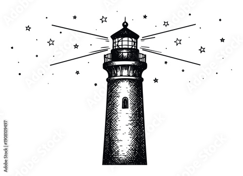 Hand drawn nautical lighthouse sketch sending light rays into the dark sky with stars and dots perfect for marine themed graphic projects and adventure journey publications