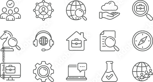 Linear vector icon set for global business and strategic research featuring team management cloud computing chess strategy customer support compass navigation and corporate analysis symbols