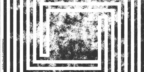 Black and white striped pattern with concentric square frames and speckled texture stripes vertical