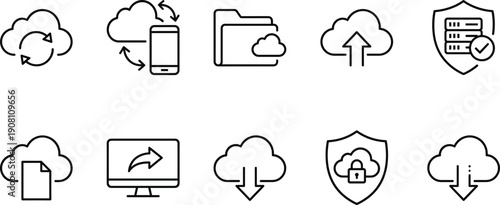 Linear vector icon set for cloud computing and data storage featuring secure server uploads file syncing mobile transfers database protection and information backup symbols
