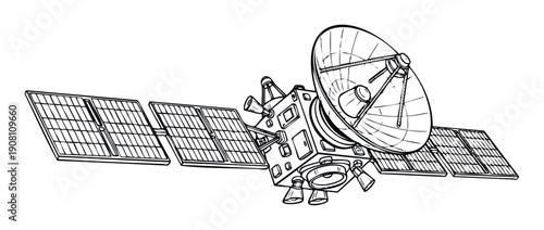Advanced communication satellite with large solar panels and a prominent dish antenna for global data transmission and space exploration technology concepts