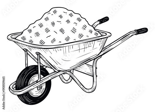A traditional hand drawn wheelbarrow filled with soil or aggregate, ideal for illustrating gardening, construction work, landscaping, or renovation themes in print and digital applications.