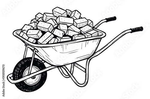 A robust garden wheelbarrow filled with numerous building bricks, useful for construction project themes, home improvement promotions, and DIY craft materials displays.