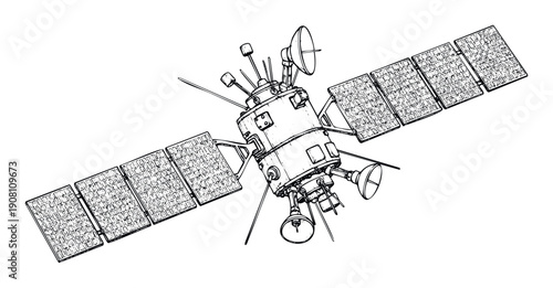 Conceptual line drawing of a sophisticated orbital satellite featuring prominent solar arrays and diverse antennas, useful for educational content about space technology and