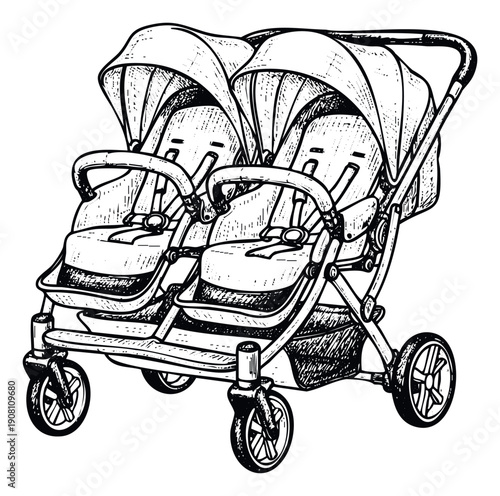 A classic black and white double stroller for two babies, depicting modern infant transportation for families, ideal for parenting blogs, product reviews, and childcare resources.