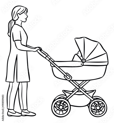 Young mother pushing a classic baby pram with a newborn child, perfect for parenting blogs, baby product advertisements, and maternal care graphics
