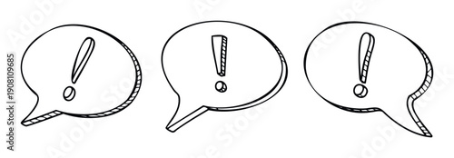 Hand drawn doodle style speech bubbles with exclamation marks conveying importance warning attention or urgency for communication user interface graphics and informational alerts
