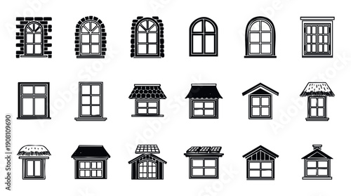 Diverse window icons collection showcasing various architectural styles and roofing elements perfect for building exterior design resources and graphic asset libraries