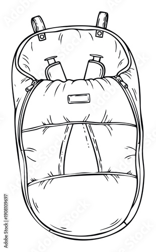 Detailed line drawing of a baby footmuff designed for ultimate infant comfort and warmth, ideal for parenting guides, product catalogs, or nursery decor resources