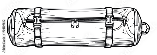 Black and white outline drawing of a durable duffel bag with zipper and buckle straps, perfect for travel, adventure, and outdoor recreation branding projects.