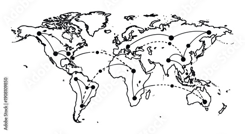 Global network map with interconnected dots and lines visualizing worldwide communication, data transfer, and logistics for business and technology concepts.