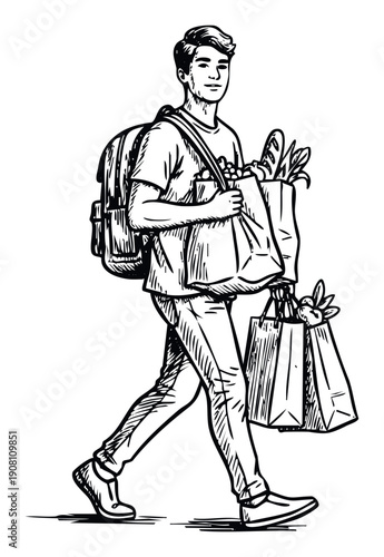 Smiling young man walking confidently while carrying multiple heavy grocery bags and a backpack, ideal for depicting modern consumer lifestyle and daily errands