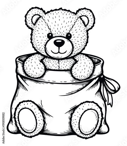 A charming teddy bear character joyfully emerges from a gift sack tied with a bow, ideal for festive season marketing, childrens event invitations, or heartwarming birthday wishes.