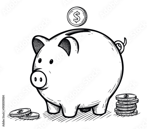 A hand drawn illustration of a classic piggy bank receiving a dollar coin symbolizing savings and financial growth for investment education or budgeting concepts.