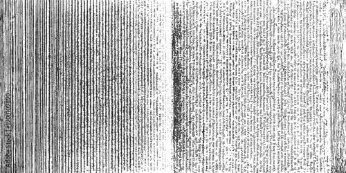 Black and white textured background with vertical lines and dense text abstract pattern