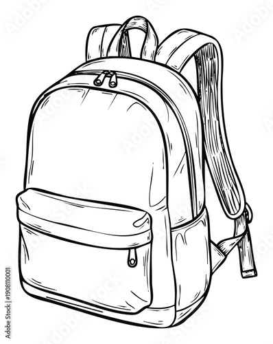 Classic line drawing of a versatile school backpack featuring multiple compartments and adjustable straps, perfect for academic resources or youth travel promotions