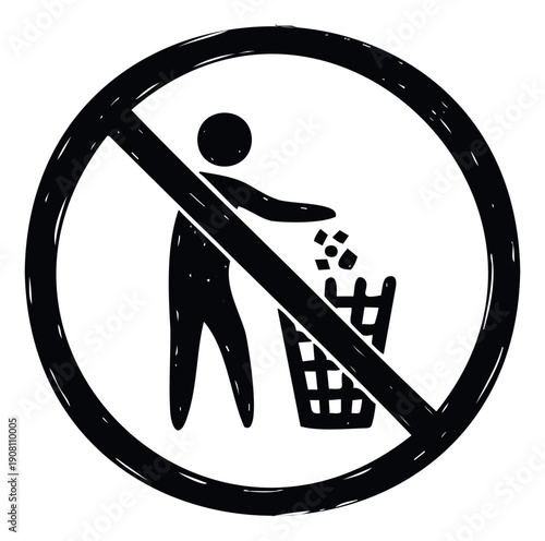 Hand drawn stylized no littering prohibition sign communicating waste disposal rules for environmental protection campaigns and public space etiquette.