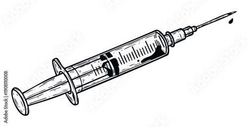 Handdrawn sketch of a medical syringe with a sharp needle and a drop of liquid, perfect for healthrelated publications and educational graphics.