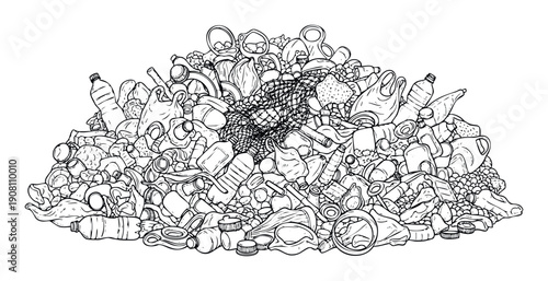 Large pile of various discarded plastic waste items including bottles, bags, and caps symbolizing environmental pollution, ocean garbage, and recycling challenges for ecological projects